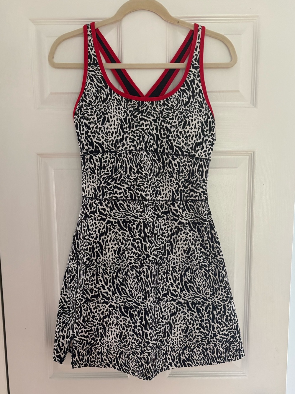 Fabletics Black and White Animal-Print Tank Dress with Red Trim